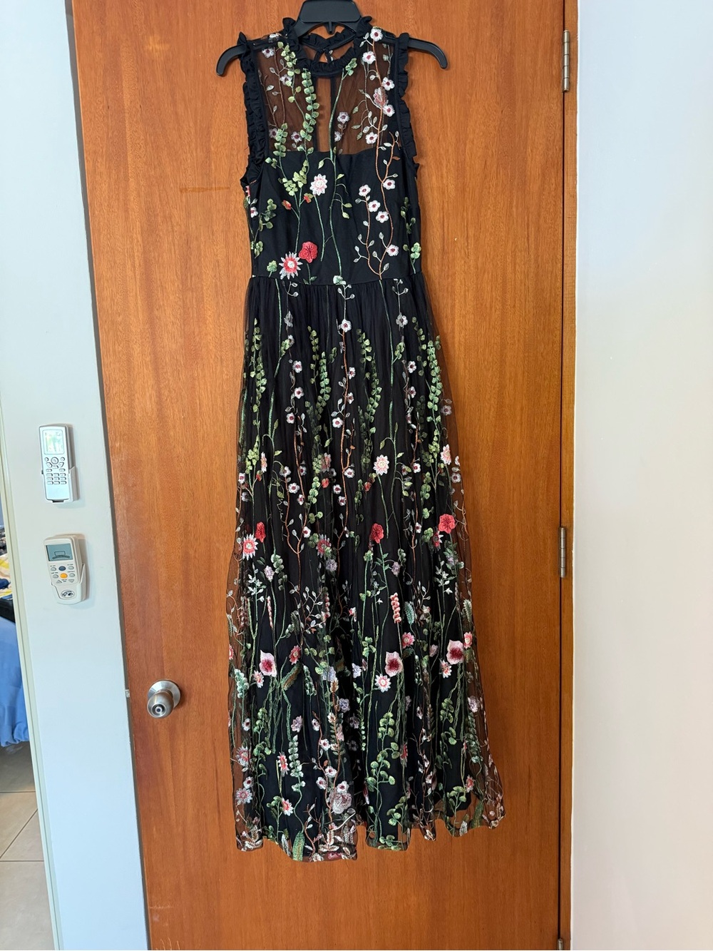 Black Floral Embroidered Mesh Maxi Dress